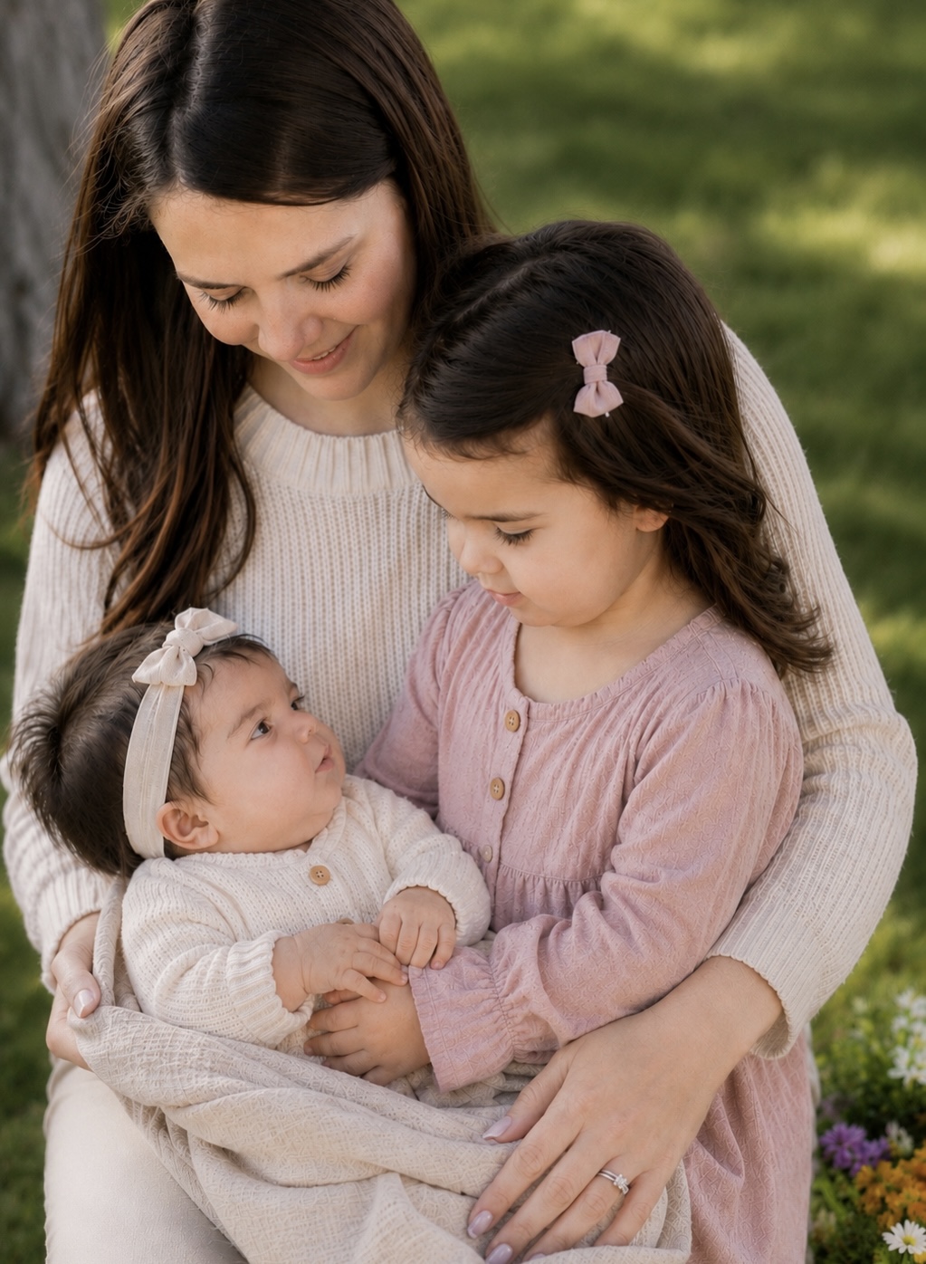Meg Morrison, founder of Nested, holding her two young daughters outdoors